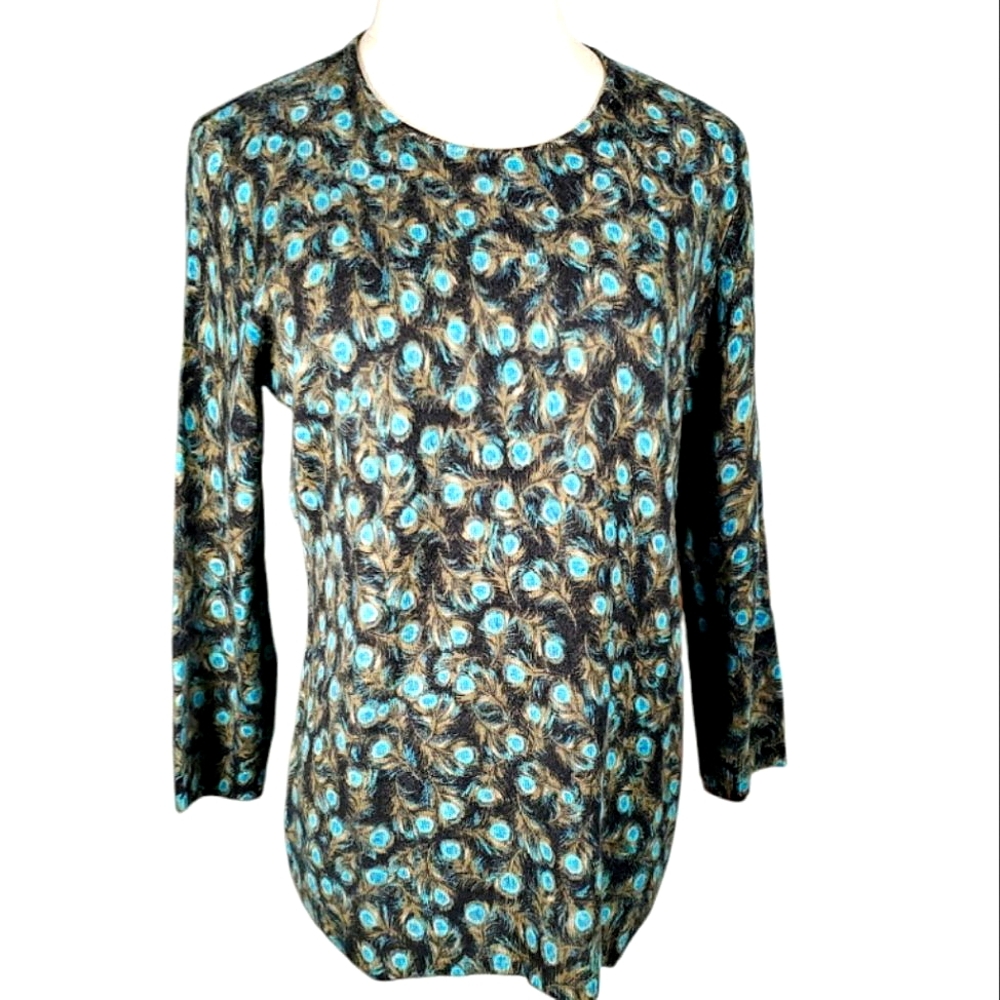 Cashmere Peacock Feather Print Pop-over Sweater 3/4 Sleeves Preppy Soft Girl Top